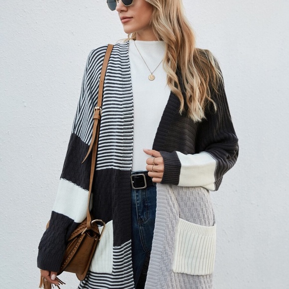 Oversized loose color block striped open cardigan - Picture 2 of 7